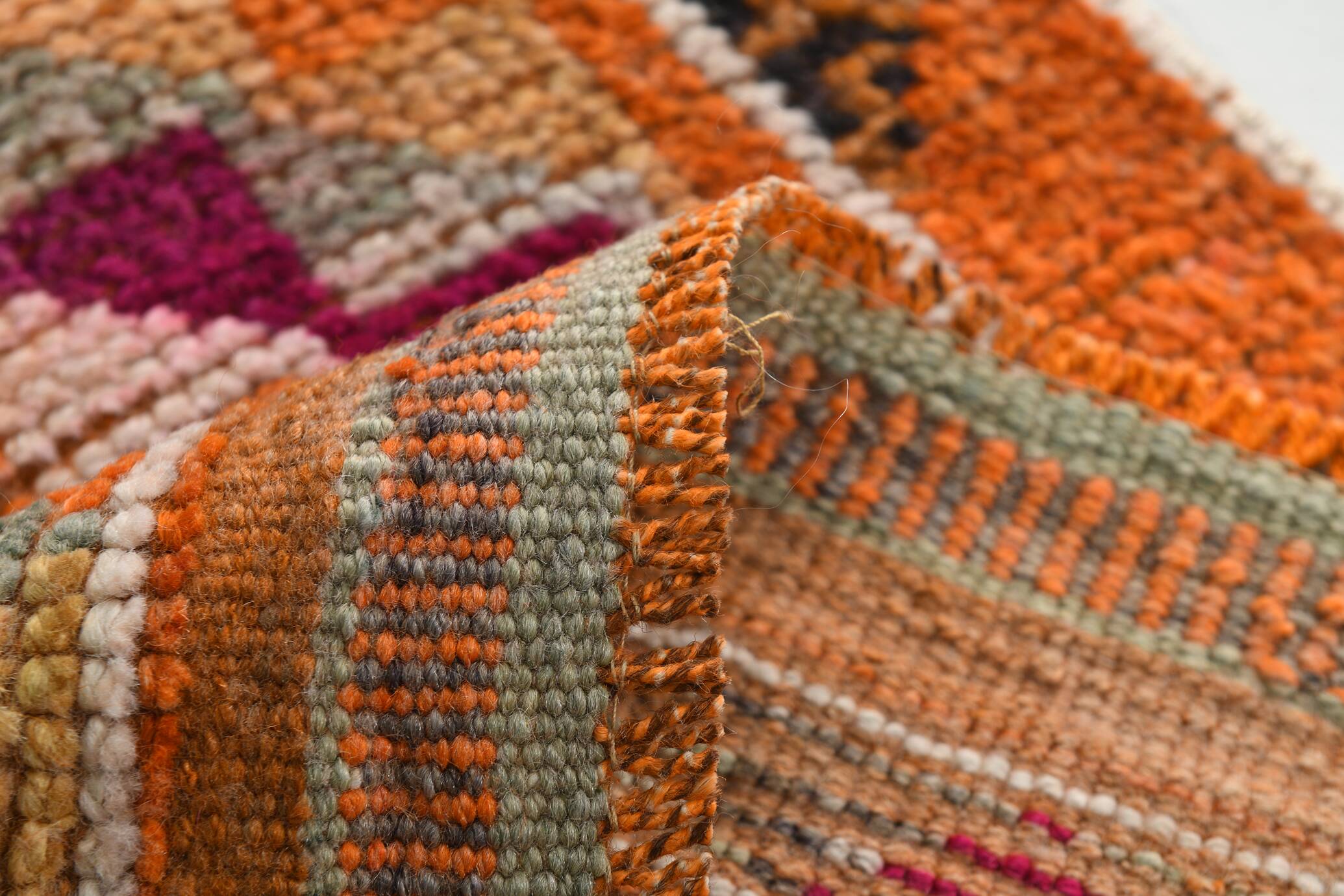 Tapis Kilim Vintage Orange et Rose, Motifs Géométriques, 77x326 Cm