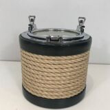 Ice bucket in leather, rope, and chrome. In the style of Jacques Adnet