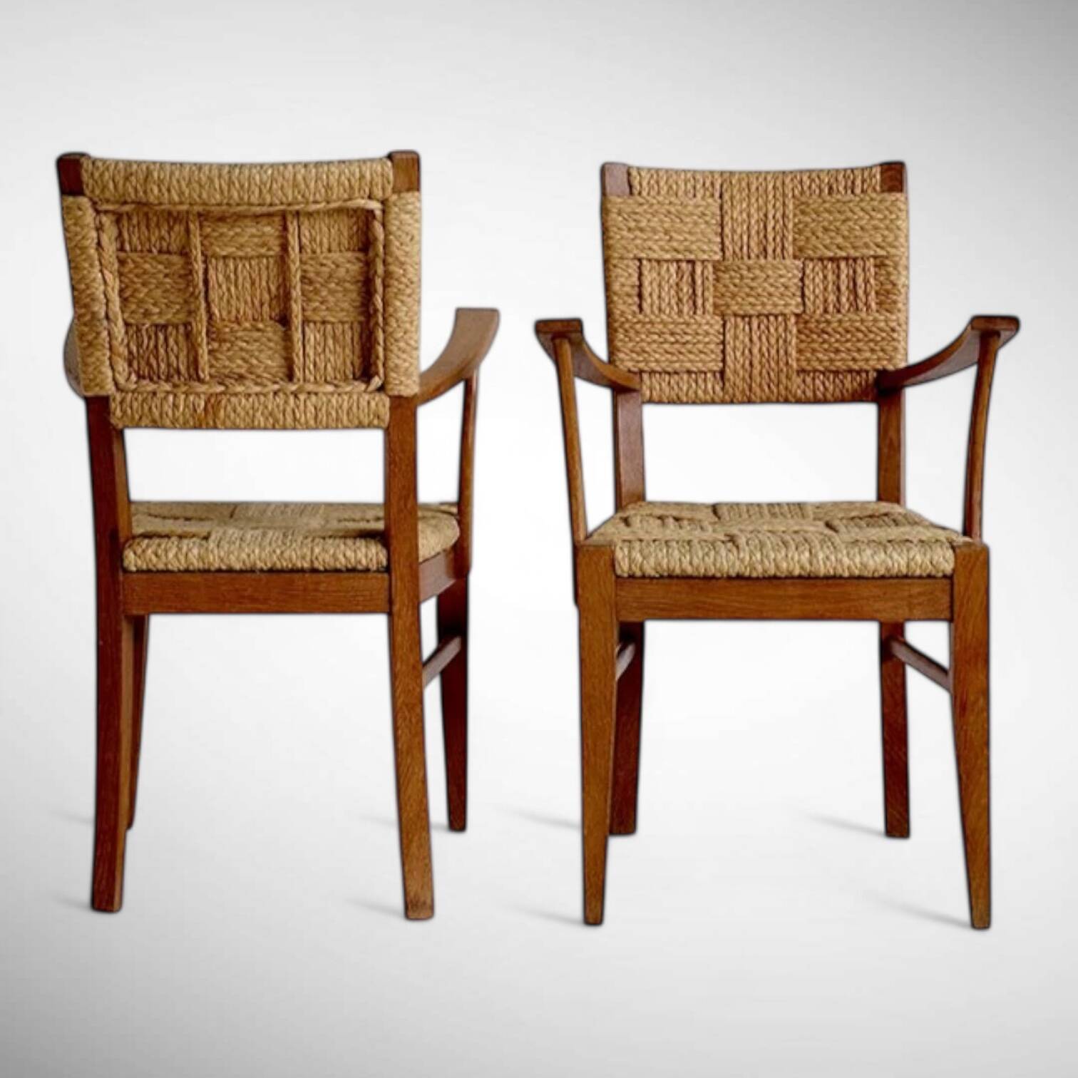 Pair of armchairs in braided raffia, Audoux Minet, 1950