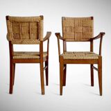 Pair of armchairs in braided raffia, Audoux Minet, 1950