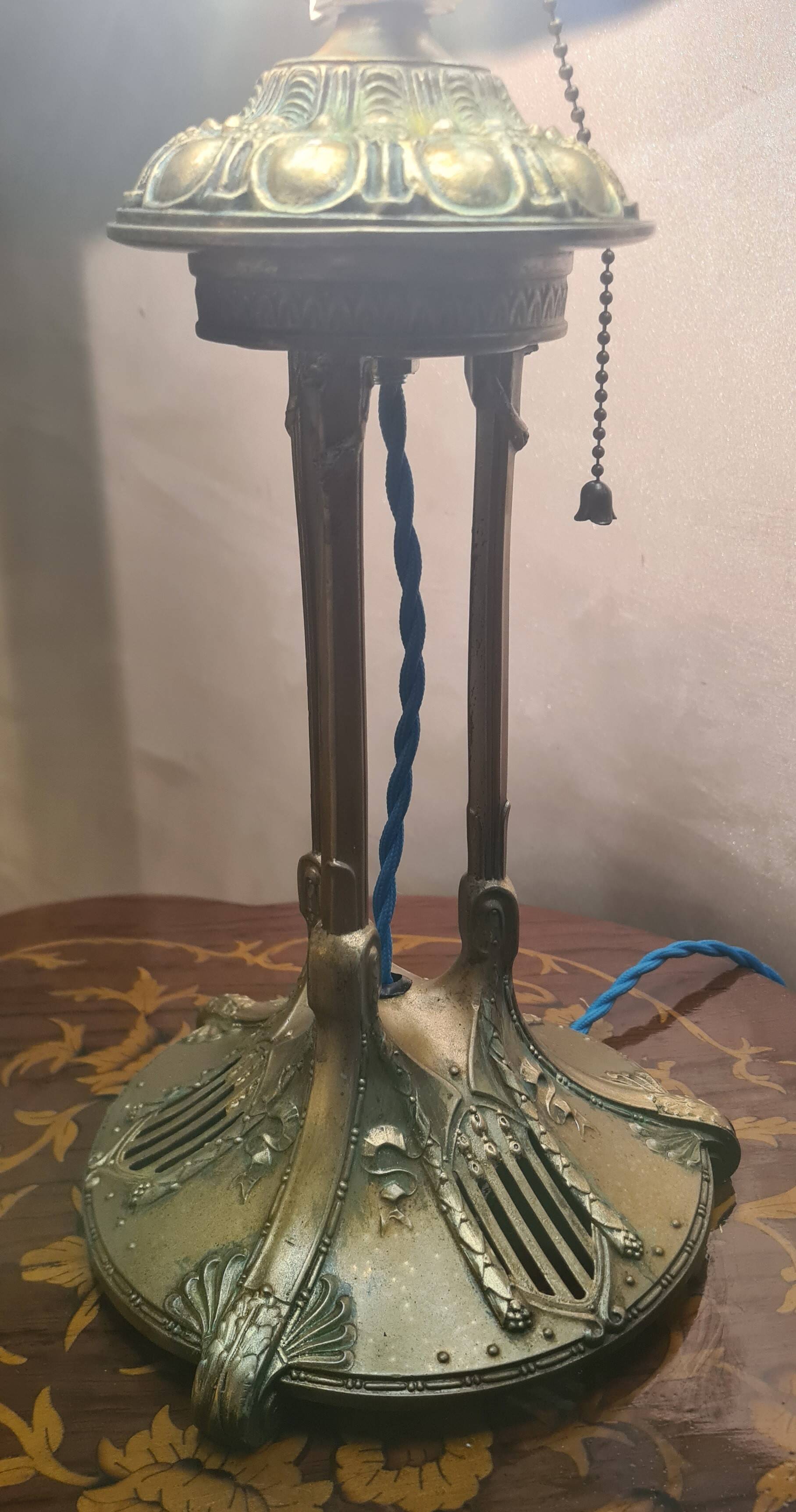 Antique lamp, patinated bronze, art nouveau, stained glass lampshade