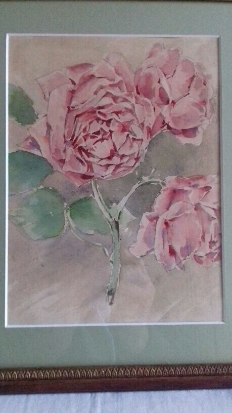 Ancient watercolour painting "3 blossoming roses"