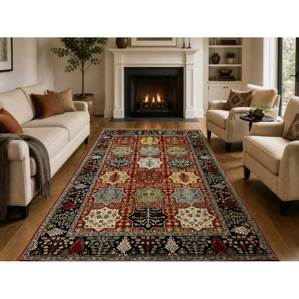 Hand-Knotted Wool Area Rug, Red Geometric Botanical Carpet for Living Room