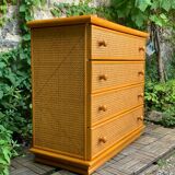 Chest of drawers and bedside table in rattan cane and oak, vintage 1970s