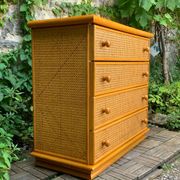 Dresser and its bedside table in rattan caning and vintage oak from the 1970s.