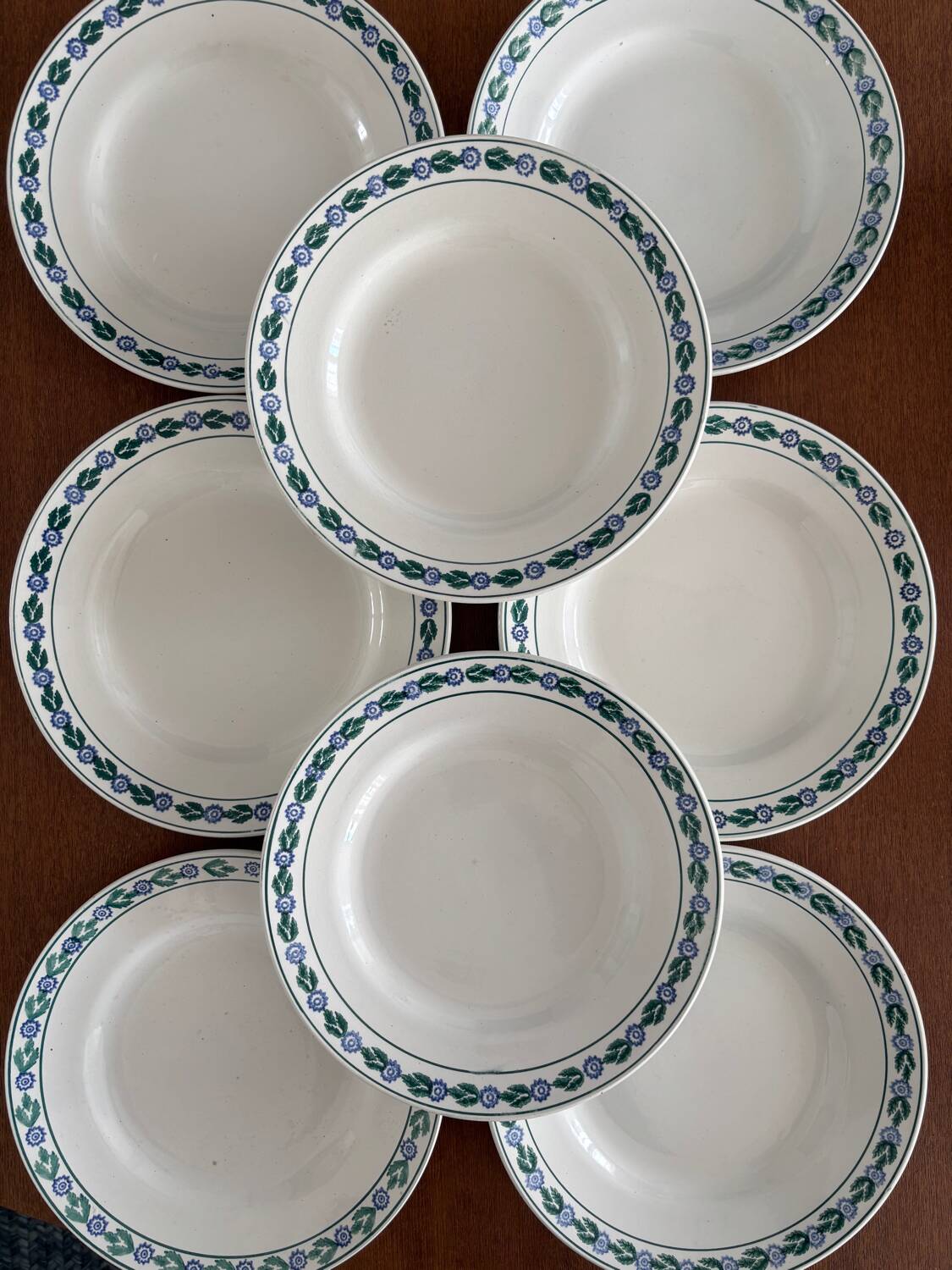 Set of 8 vintage dinner plates - St Amand earthenware, blue floral pattern and