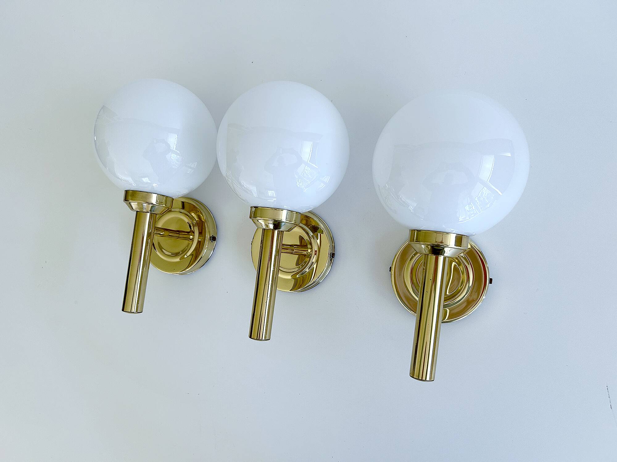 3 Vintage Scandinavian Glass and Brass Wall Lights