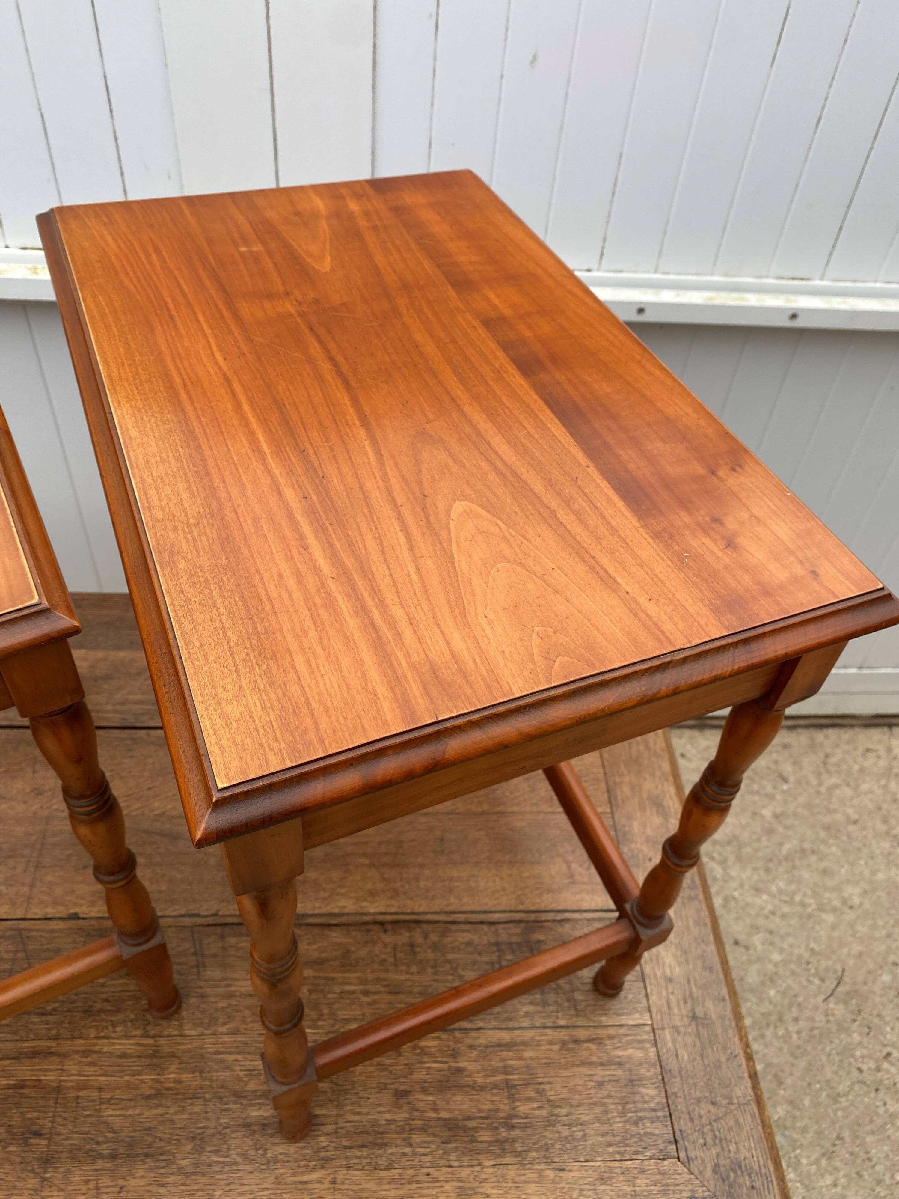 Set of 3 rustic cherry wood nesting coffee tables from the 1950s.