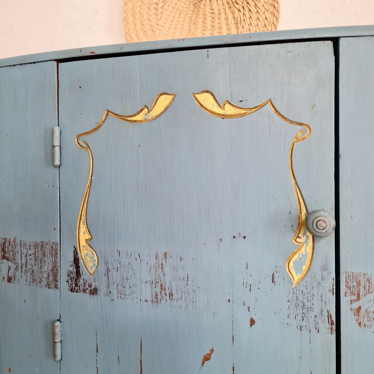 Old blue wood bedside table