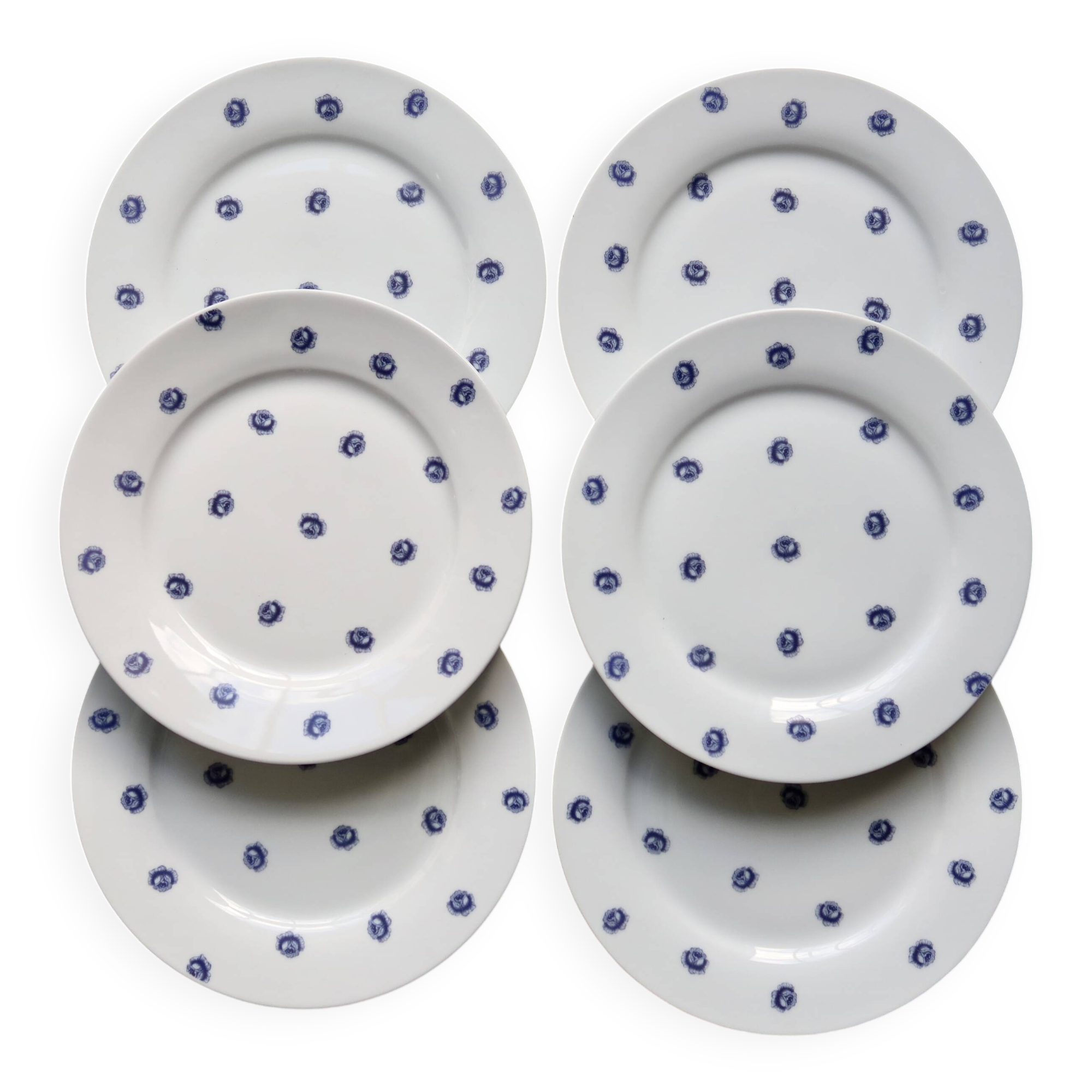 6 vintage white porcelain dinner plates with blue roses