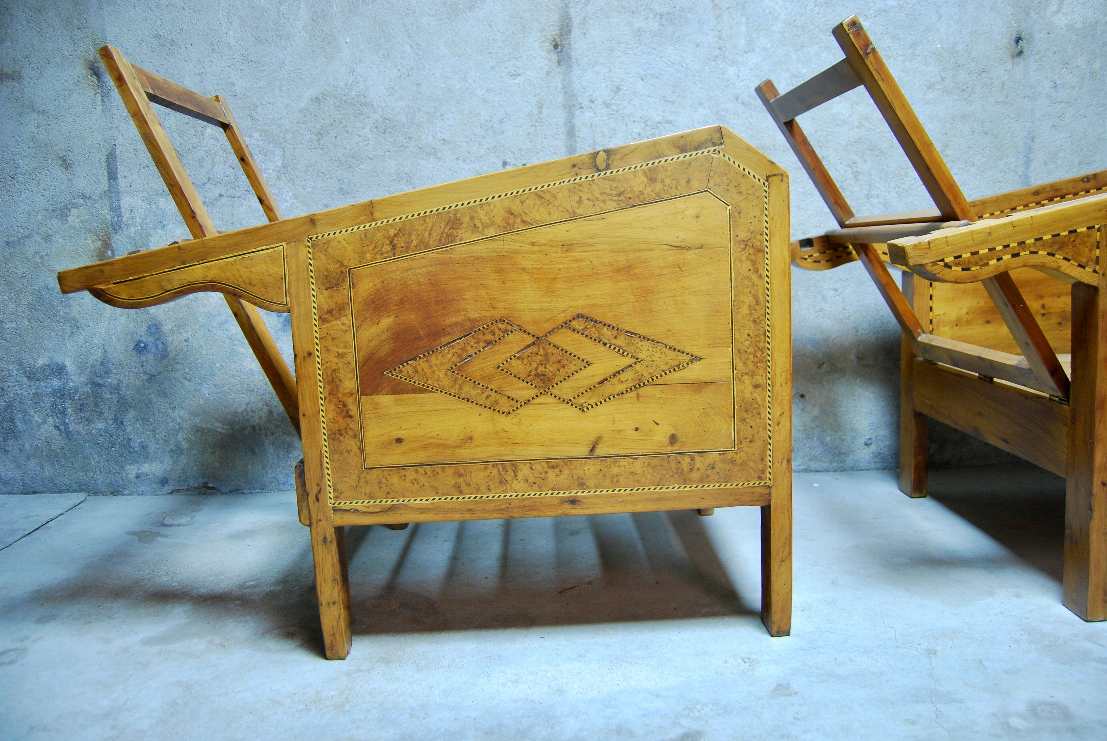 Vintage wooden veranda armchairs with inlaid marquetry 1930s