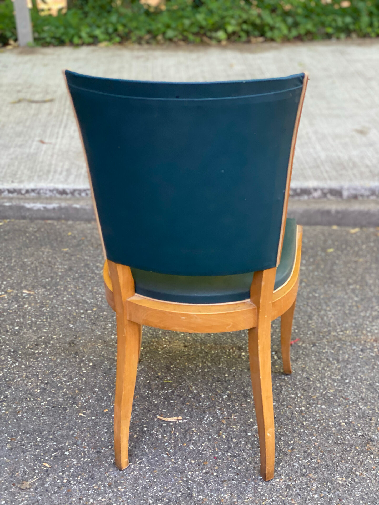 6 vintage solid wood dining chairs with blue-green leather