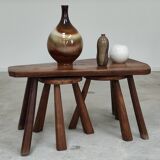 Set of free-form elm coffee table and brutalist style stools
