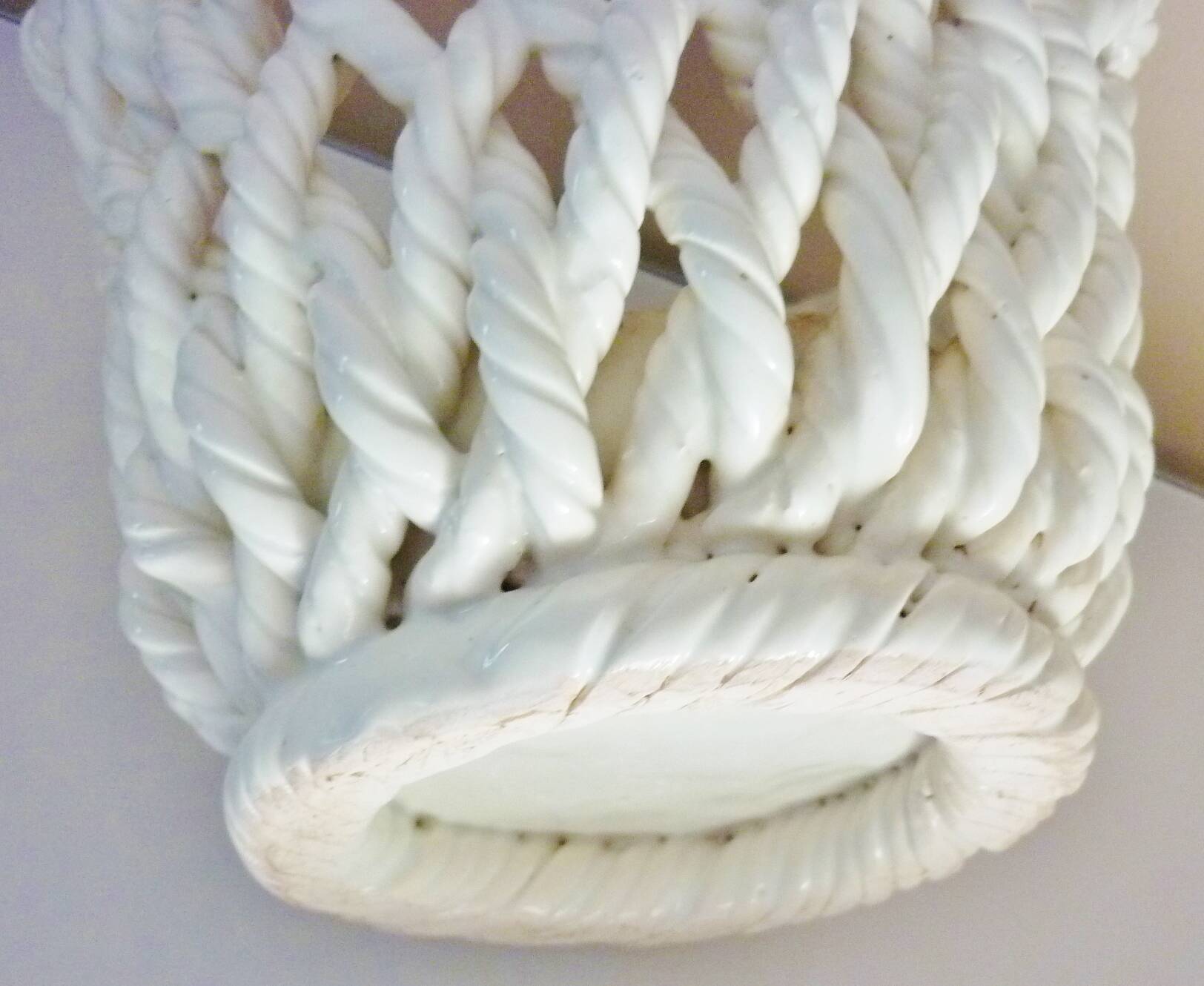 White enameled ceramic pot cover, braided, openwork, vintage