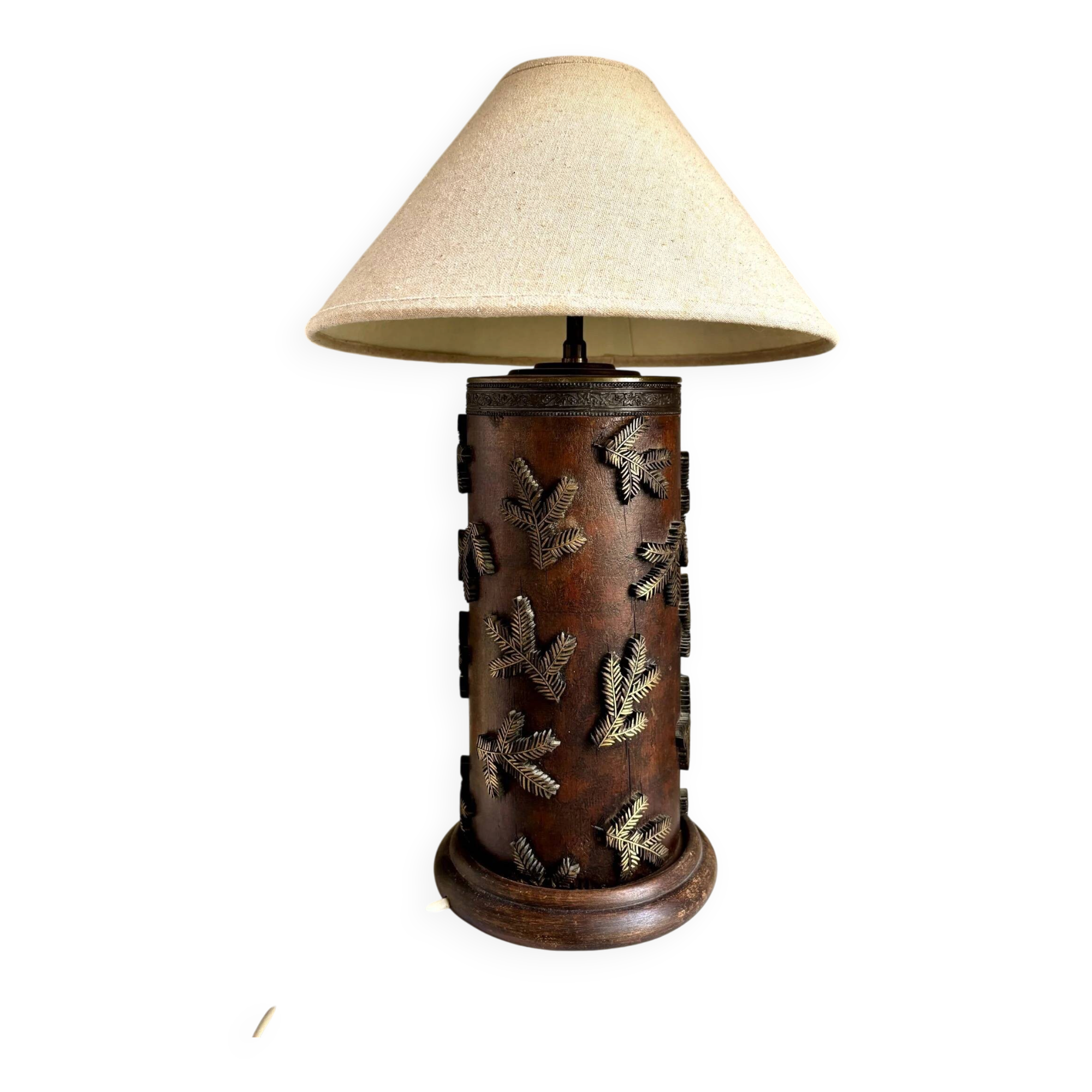 Dark wood and beige cotton block print table lamp