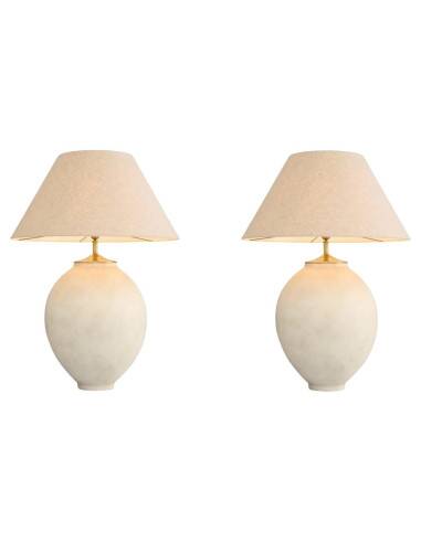 Pair of sand-colored terracotta and brushed brass table lamps