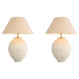 Pair of sand-colored terracotta and brushed brass table lamps