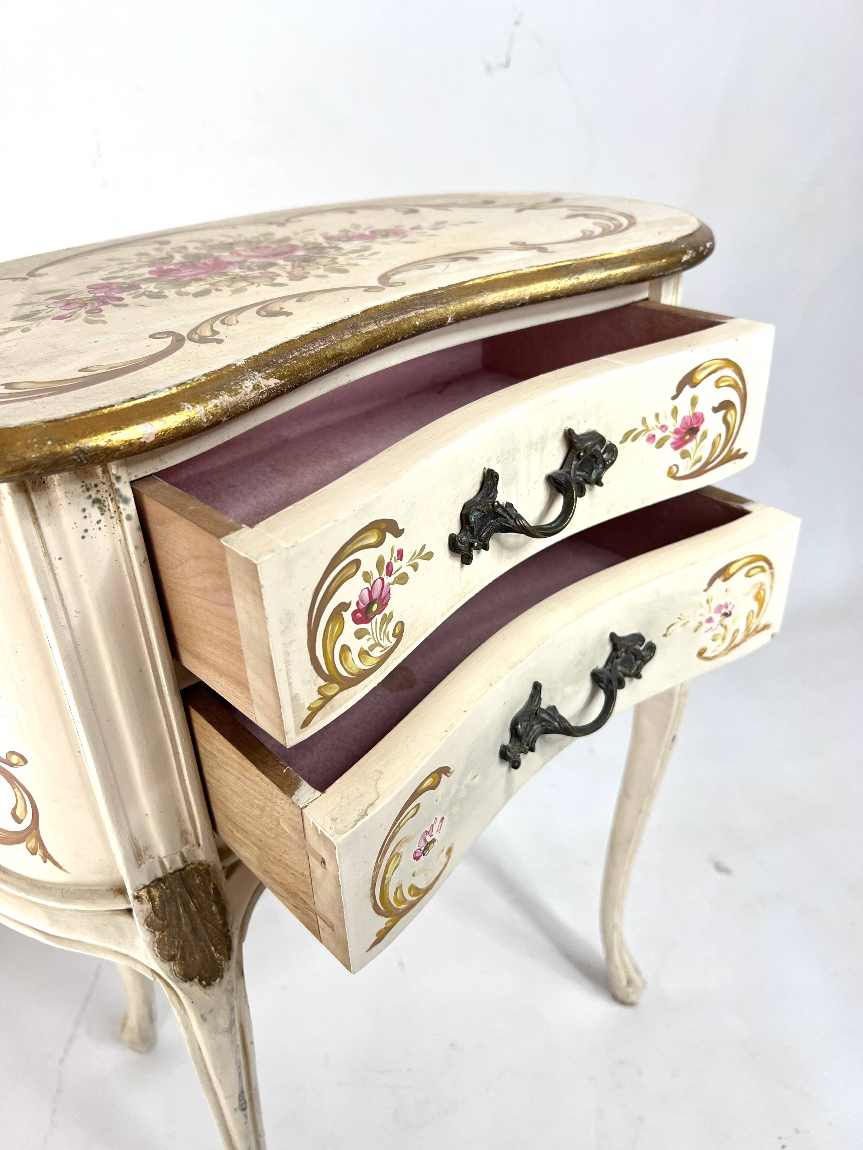 Curved bedside table painted with floral shabby decor – Louis XV style