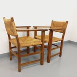 Set of 2 vintage brutalist armchairs in oak wood and straw