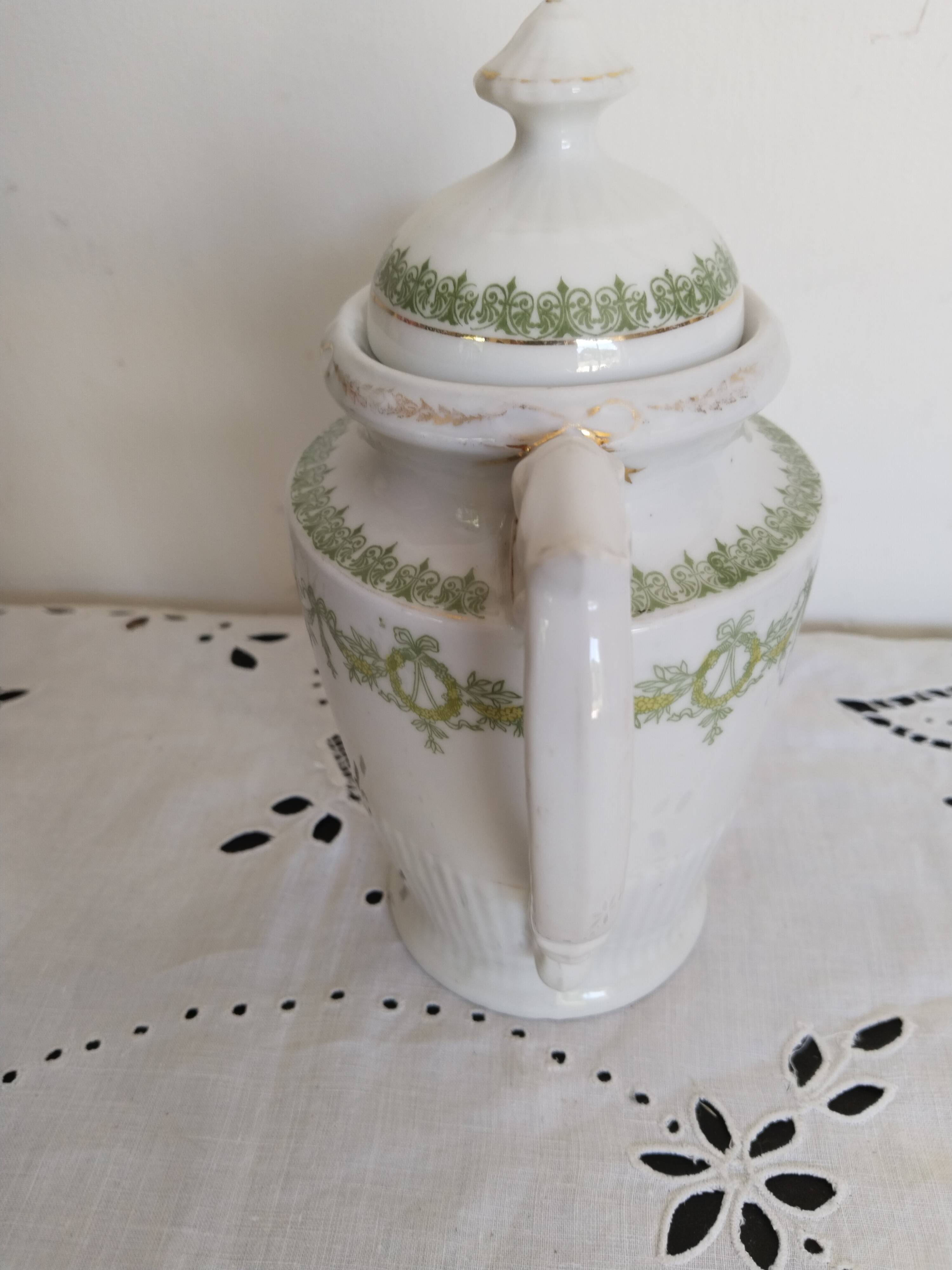 English porcelain coffee maker, green and gold, antique, vintage