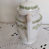English porcelain coffee maker, green and gold, antique, vintage