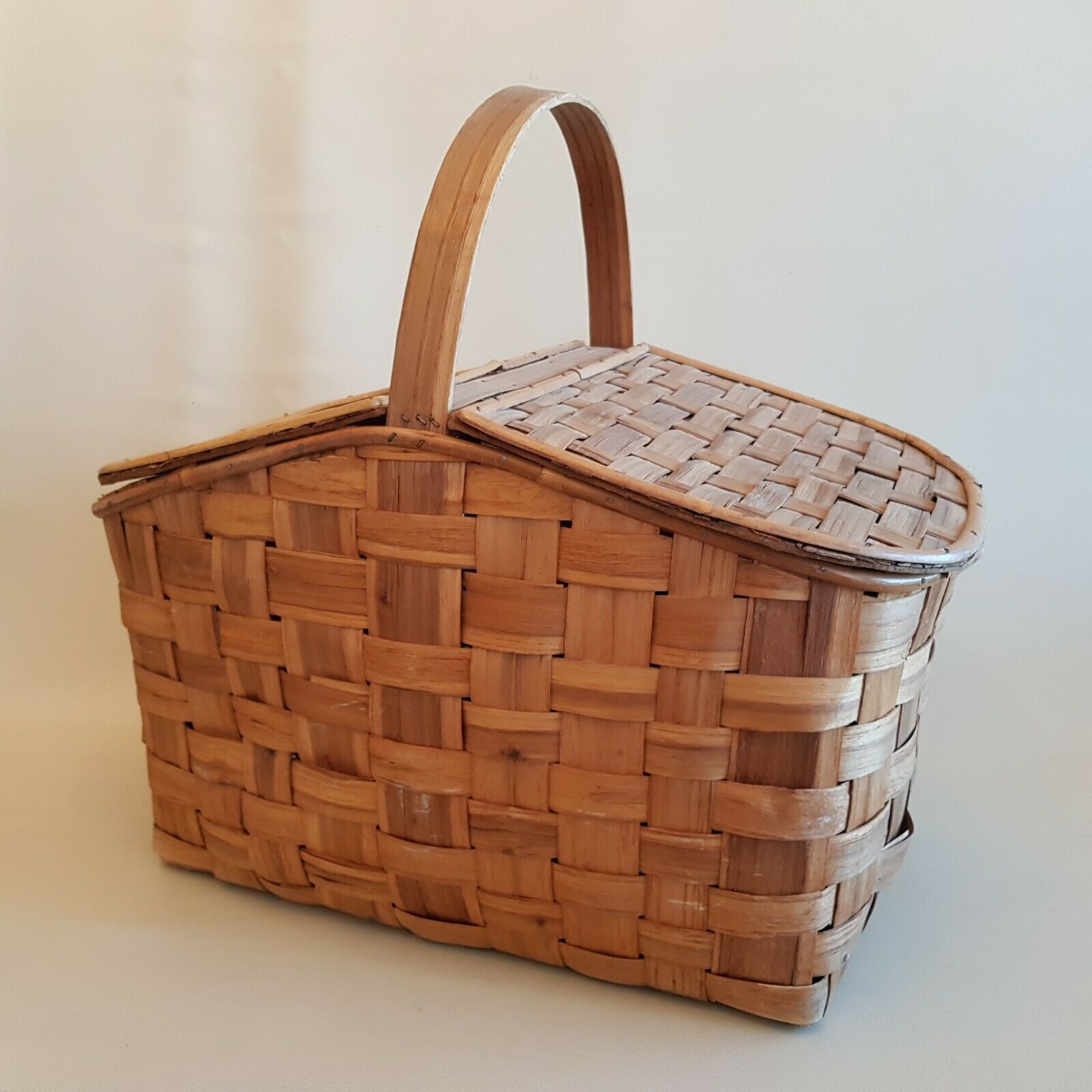 Old picnic basket wicker bamboo braided double opening