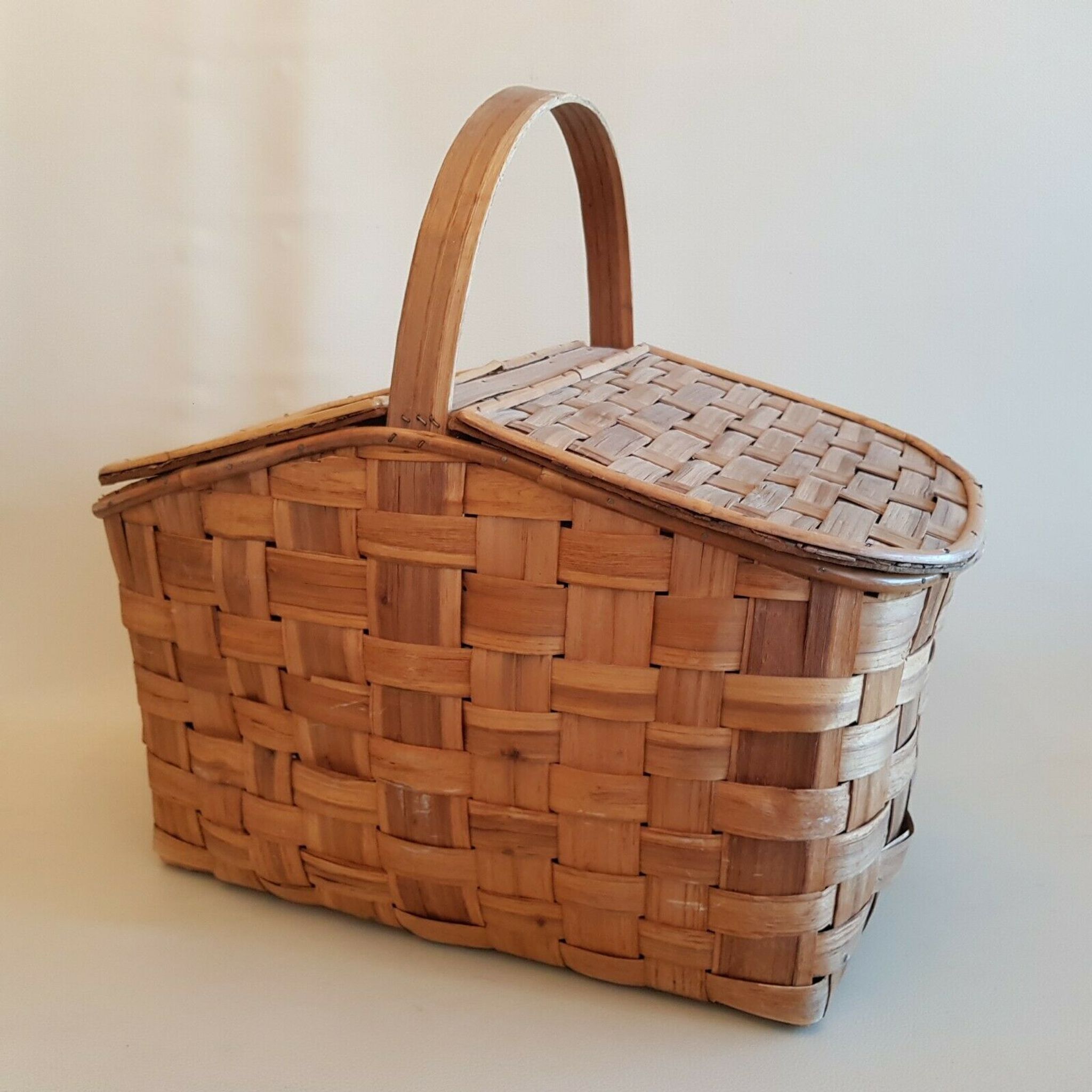 Old picnic basket wicker bamboo braided double opening