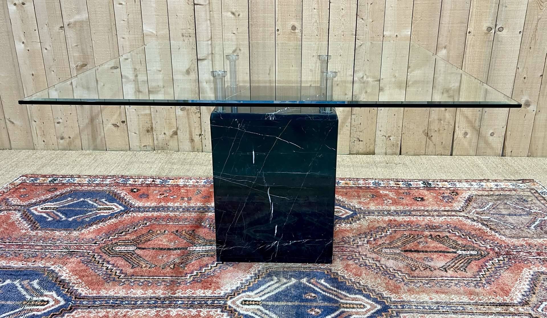 1970s square dining table, marble base and beveled glass top