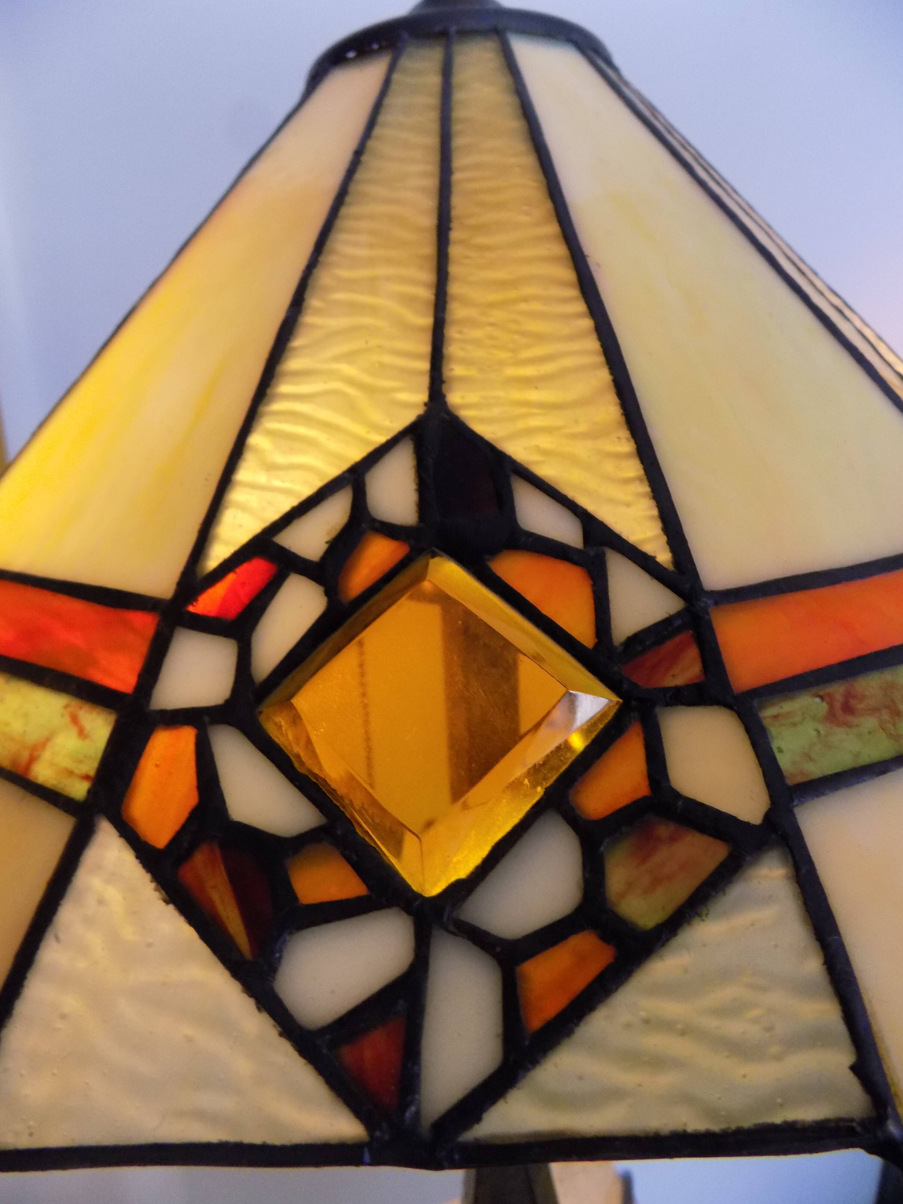 Tiffany art deco bronze lamp and stained glass