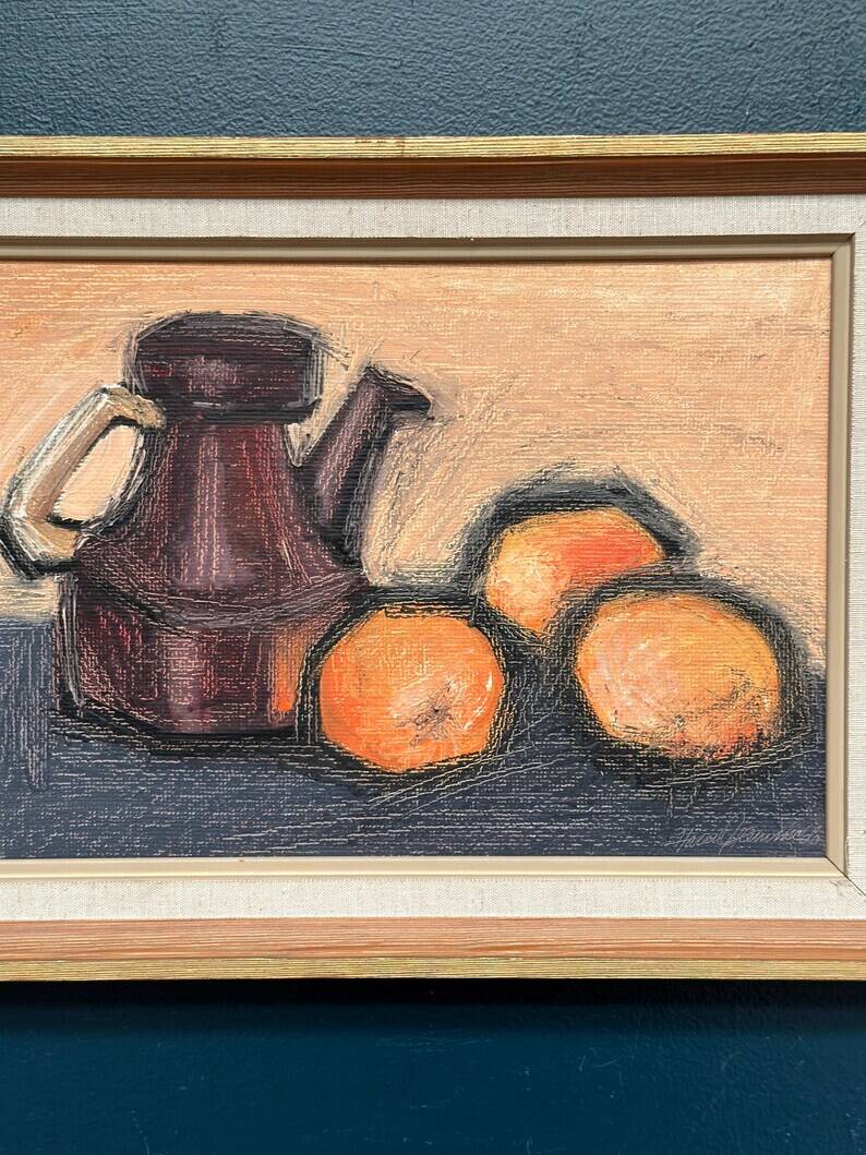 Original Swedish Oil on Panel – "Kattle and Oranges" by Herald – Signed – Dated 1966 – Framed Vintage Piece
