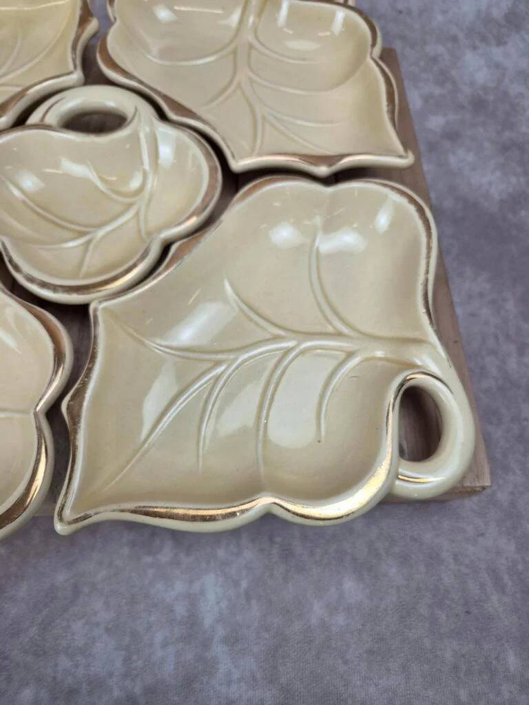 Vintage aperitif service 5 leaf bowls – Poët Laval art ceramics – gilding
