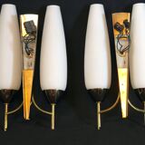 Pair of double brass and opaline sconces, Maison Arlus, France, Mid-Century