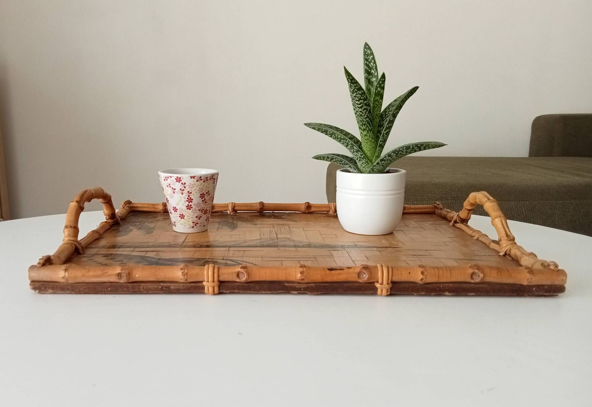 Vintage serving dish in bamboo and rattan Diamond Head Hawaii Tiki 60's