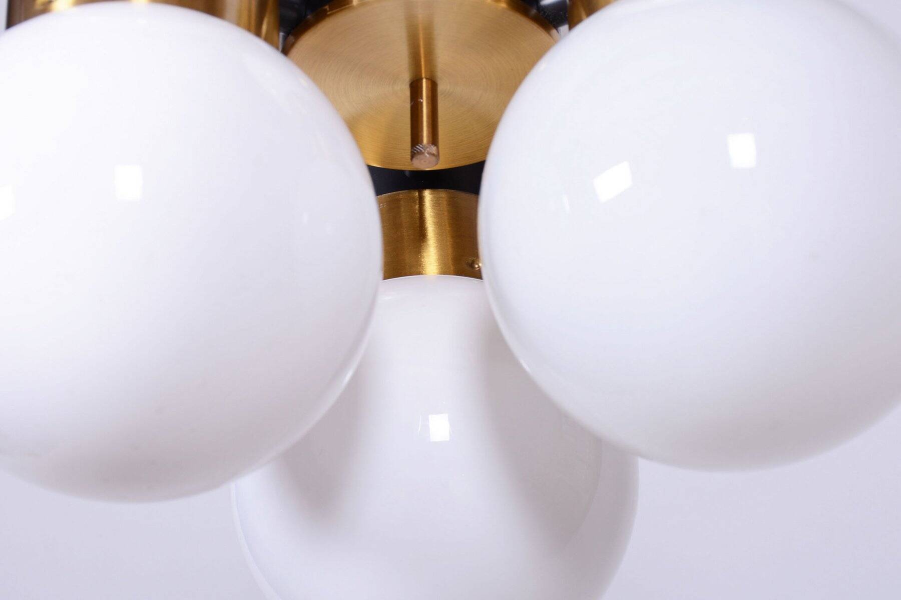 Mid-Century Chandelier in Brass and Opaline Glass, Czech, 1960s