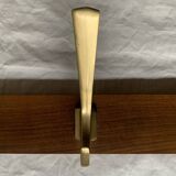 Vintage wooden wall-mounted coat rack with 3 golden cast aluminum hooks