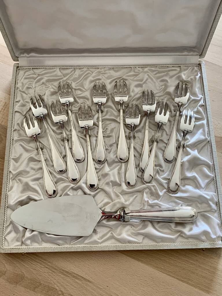 Dessert service 12 forks 1 silver metal shovel net model