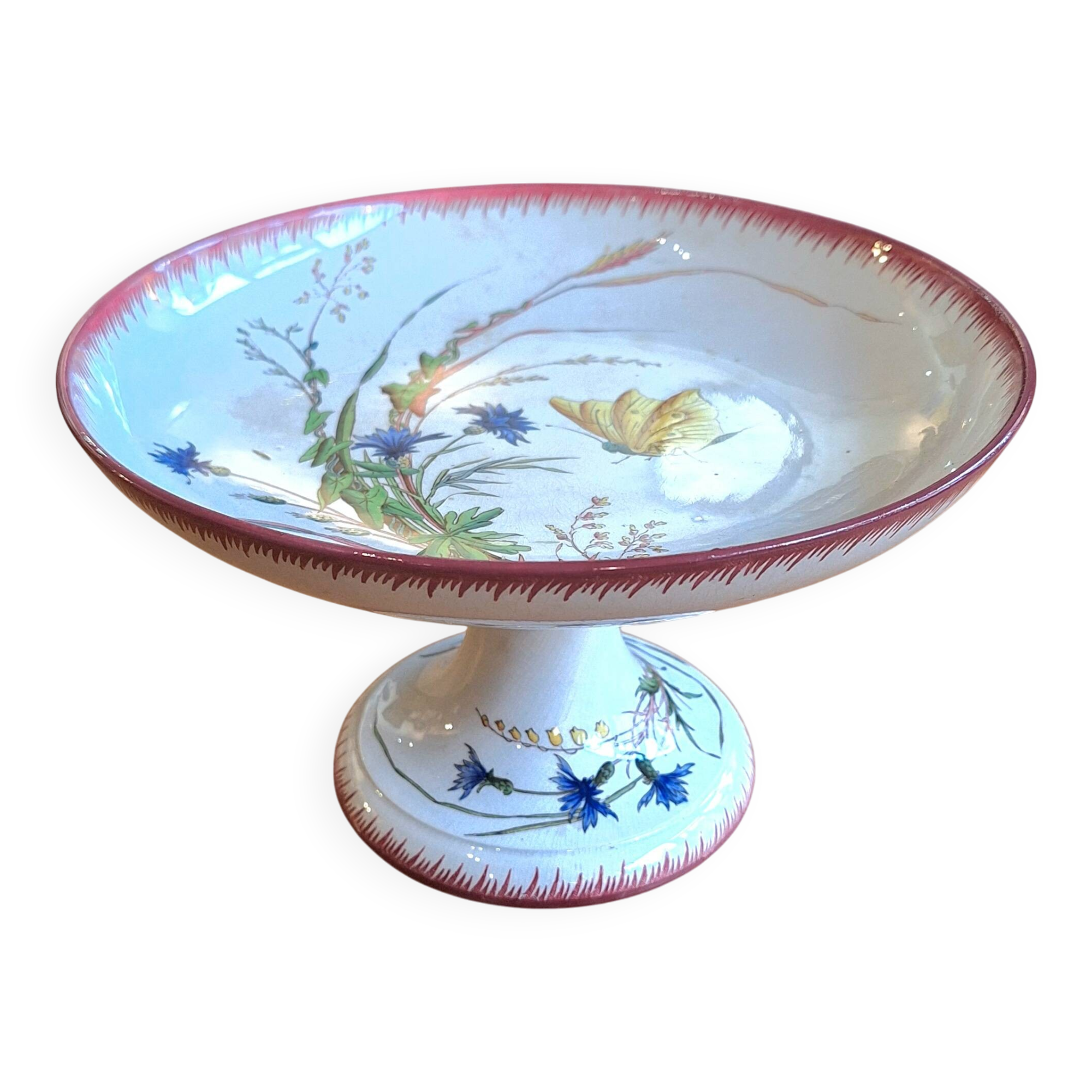 Compote dish/round bowl on foot Sarreguemines Butterfly decoration