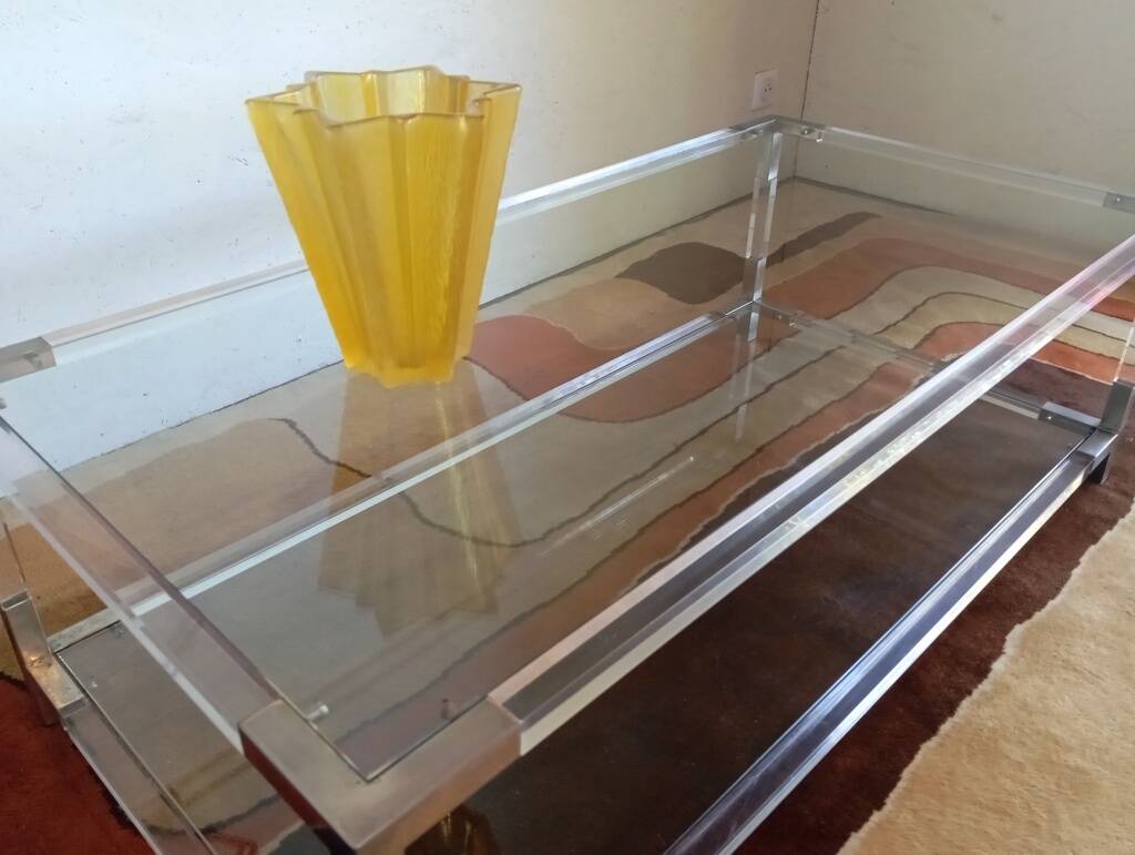 80s Lucite, Glass and Metal Coffee Table