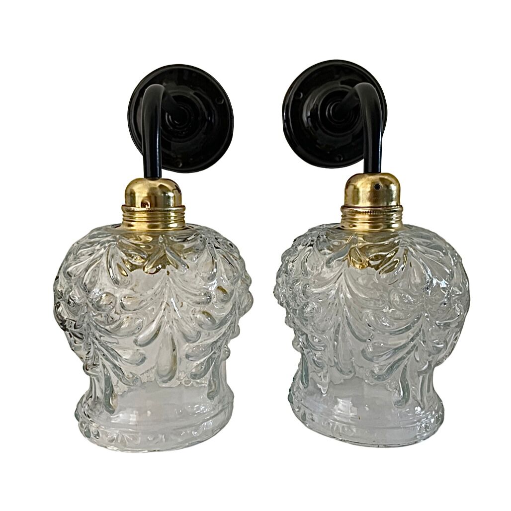 Pair of vintage electrified to nine-piece chiseled glass wall lamps
