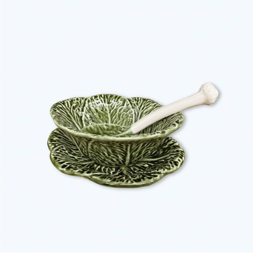 Sauce boat with its stand and spoon - cabbage leaf