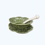 Sauce boat with its stand and spoon - cabbage leaf