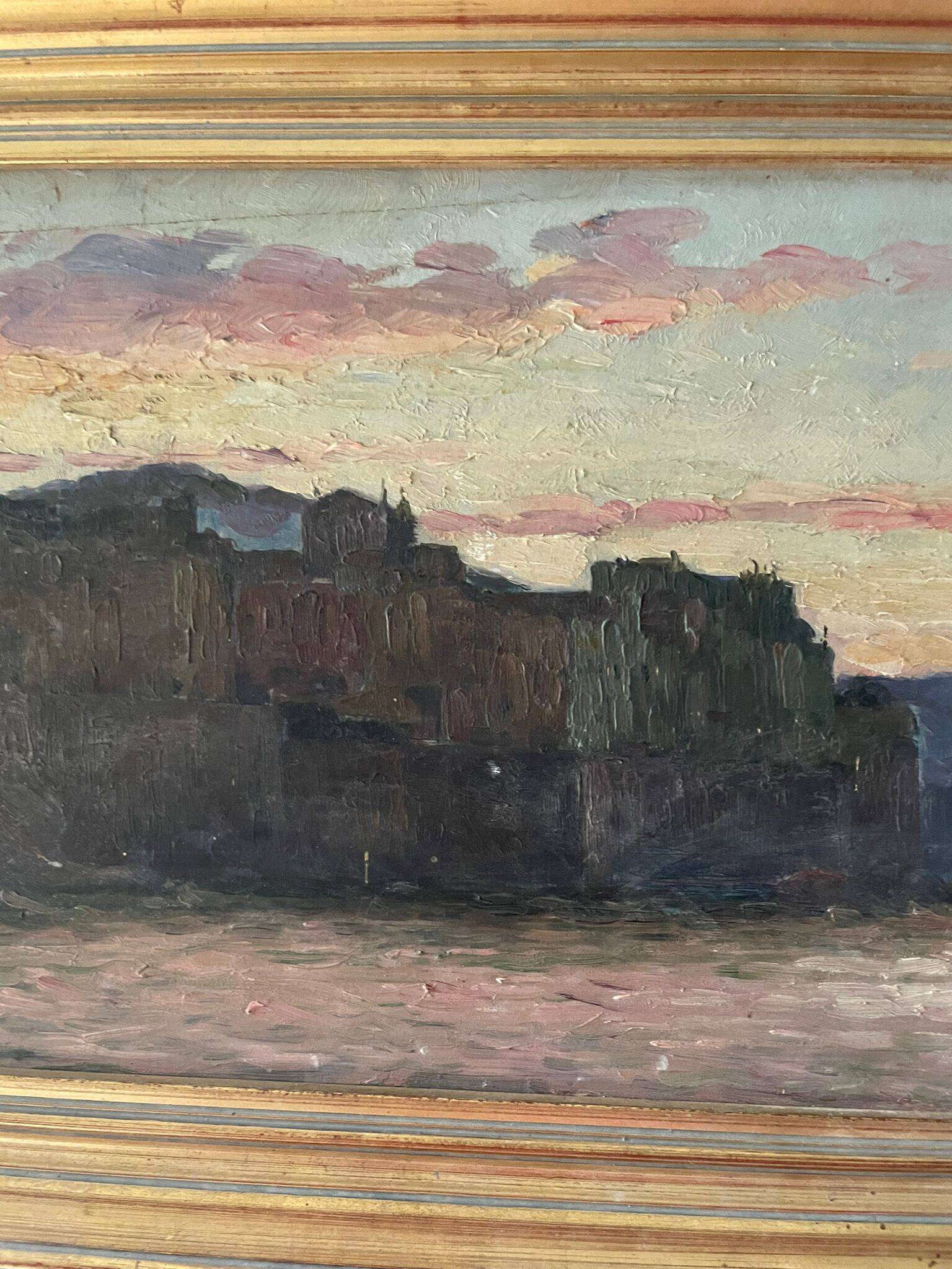 Marius Reynaud (1860 - 1935) "Algerian coastline at sunset" oil on wood