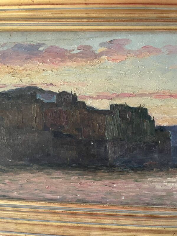 Marius Reynaud (1860 - 1935) ''Littoral algérien au coucher de soleil'' huile sur bois