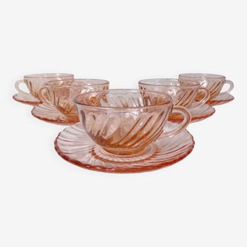 5 vintage Rosaline twisted pink glass cups and saucers