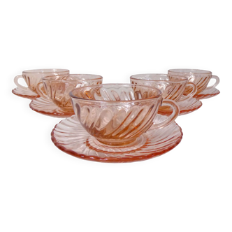 5 tasses et soucoupes en verre rose torsadé Rosaline vintage