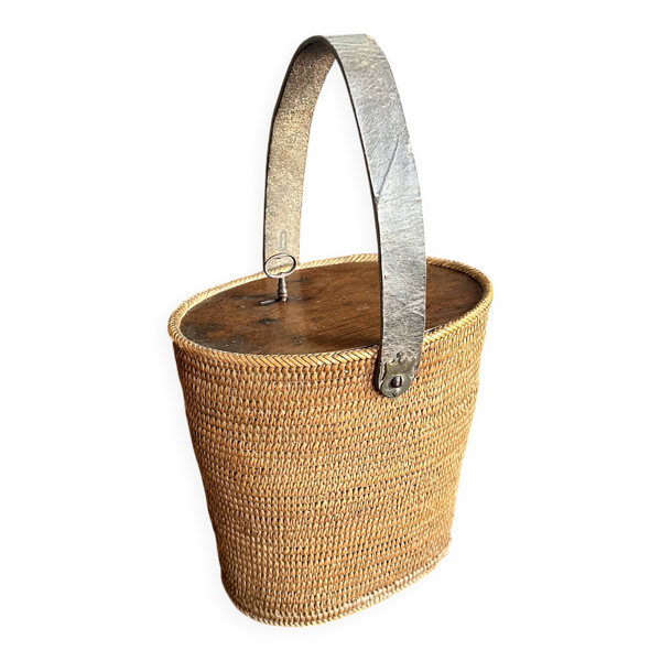 Ancien sac panier en vannerie, bois et cuir, XIXe siècle — Beyit