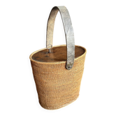Antique wicker basket bag, wood and leather, 19th century