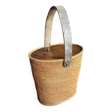 Ancien sac panier en vannerie, bois et cuir, XIXe siècle