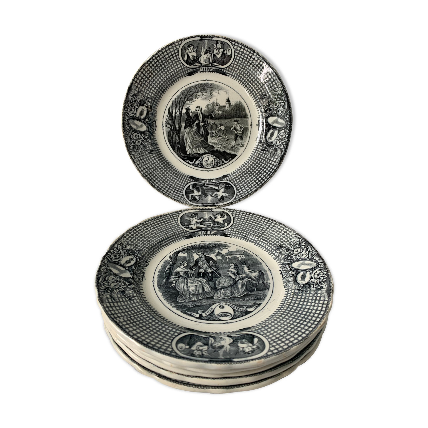 6 black dessert plates Old and Johnston Bordeaux 19th century astrology