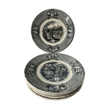 6 black dessert plates Old and Johnston Bordeaux 19th century astrology